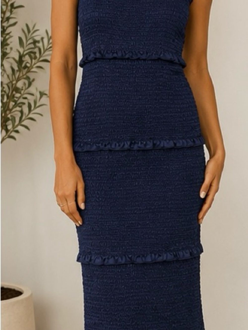 MABLE Navy Smocked Ruffle Midi Dress Size S Cottagecore Romantic